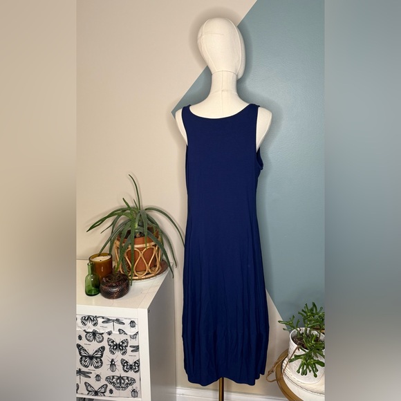 EILEEN FISHER Navy Sleeveless Midi Dress W/ Gathered Hem— Made in USA (L) - Picture 5 of 10